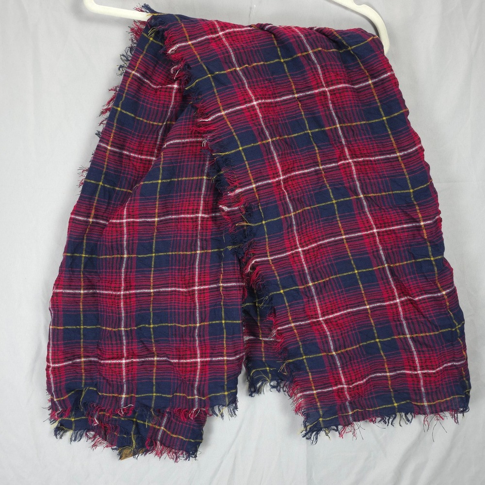 Francesca's Tartan Plaid Fringe Scarf Red Navy Yellow Lightweight Oblong 50x47